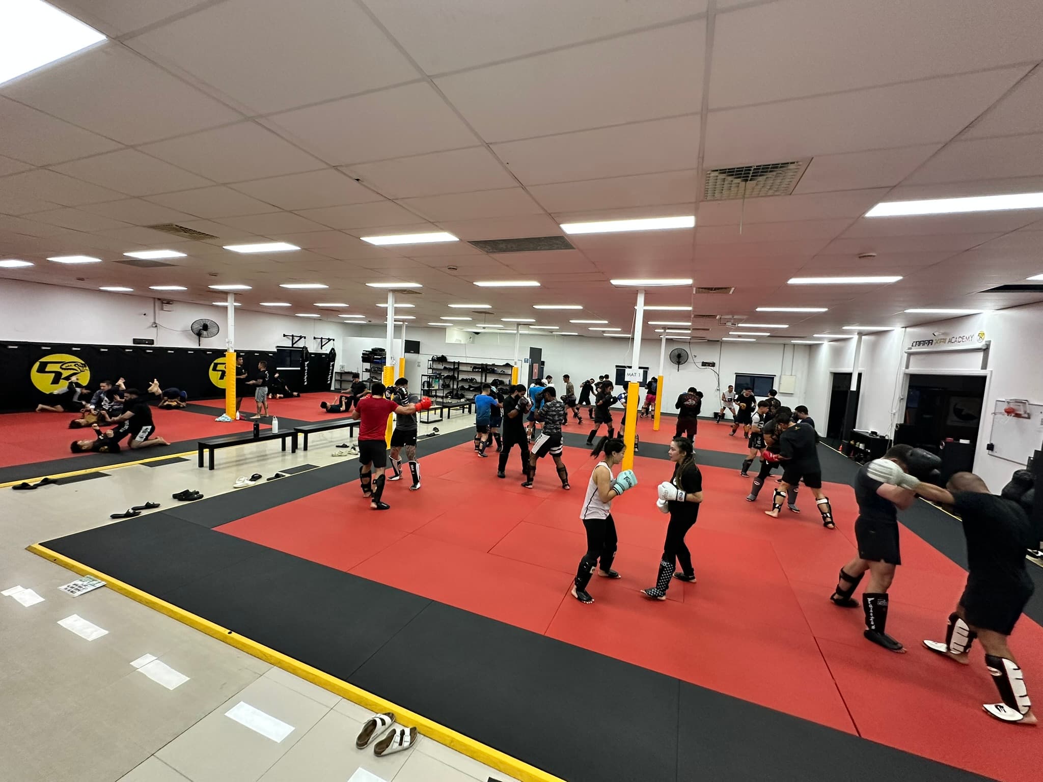 The Cabra Kai mats in full session — striking and grappling under the gym lights