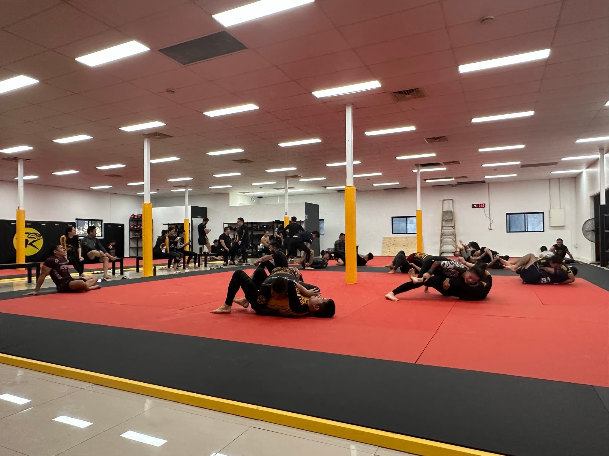 Pairs rolling across the open mat during jiu-jitsu